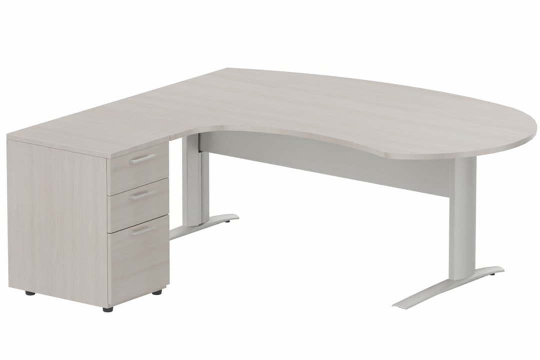 K1 VDF métal compact 90° manager 190x141x104x60cm sur caisson HB mélamine 3 tiroirs, plateau acacia, structure aluminium