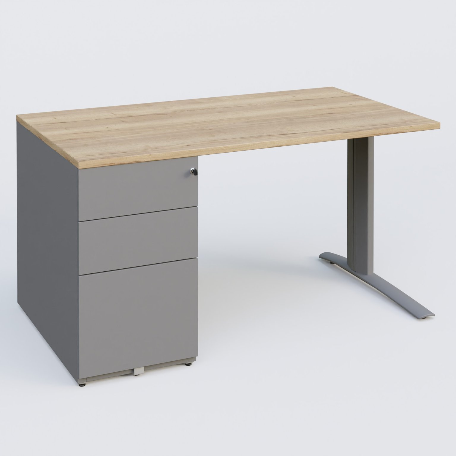 K1 Plateau droit 140x80 avec caisson métal porteur sous plateau à gauche. Plateau Chêne naturel et pietement Aluminium