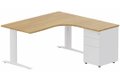 k1 Poutre - Plan compact 90° asymétrique 180x162x80 / 60cm avec caisson HB métal 3 tiroirs - retour à droite -Finitions : PLATEAUX: NOYER (NO) / PIETEMENTS: BLANC (BL) / CAISSONS METALLIQUES: BLANC (BL)