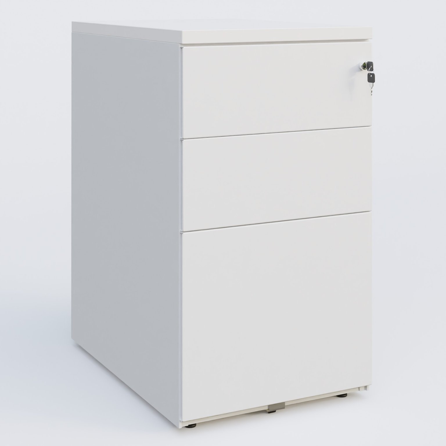 Caisson hauteur de bureau métalique 3 tiroirs avec top de finition, profondeur 60cm. Plateau Blanc et caisson Blanc.