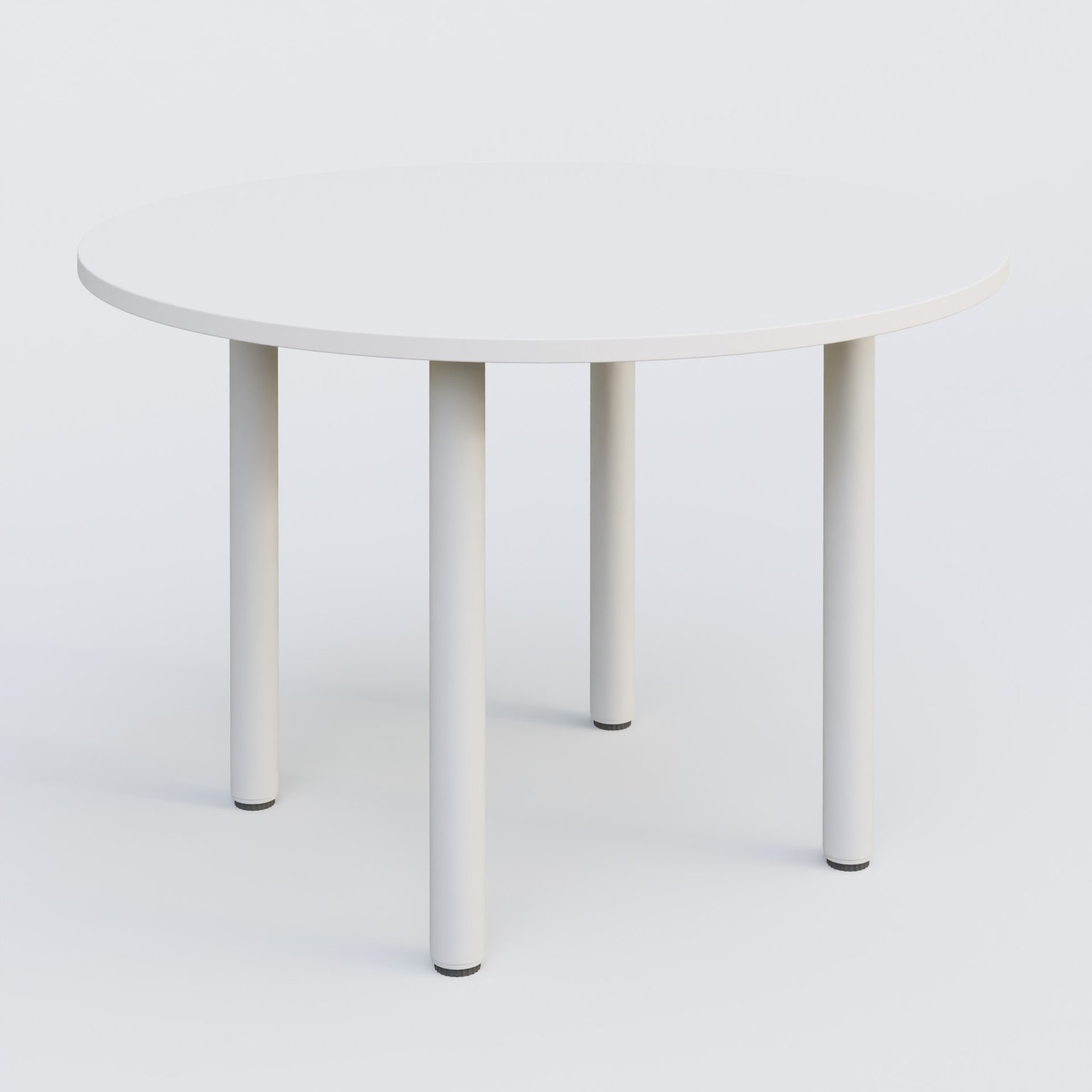 Table ronde diametre 110 cm avec quatres pieds fixes. Plateau Blanc et pietement Blanc