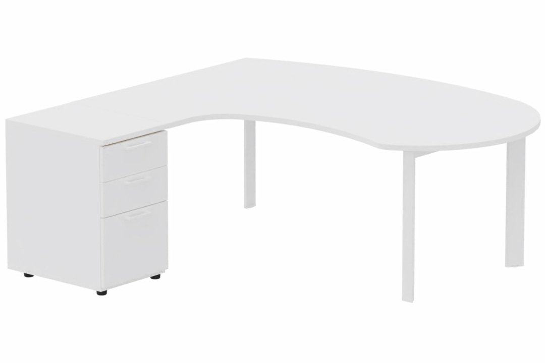 K7 compact 90° manager 190x141x104x60cm sur caisson HB mélamine 3 tiroirs, plateau blanc, structure blanc