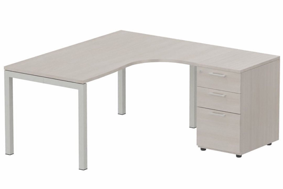 Plan Compact 90° asymétrique 160x162x80/60cm retour à droite avec caisson HB bois 3 tiroirs, acacia/aluminium