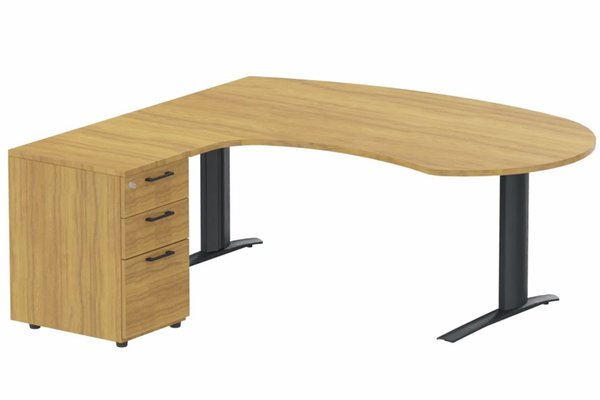 Gamme K1 - Plans compacts - k1 Poutre - Plan compact 90° asymétrique Manager 190x183x104 / 60cm avec caisson HB bois 3 tiroirs - retour à gauche -Finitions : PLATEAUX: NOYER (NO) / PIETEMENTS: ANTHRACITE (AN) / CAISSONS MELAMINE: NOYER (NO)