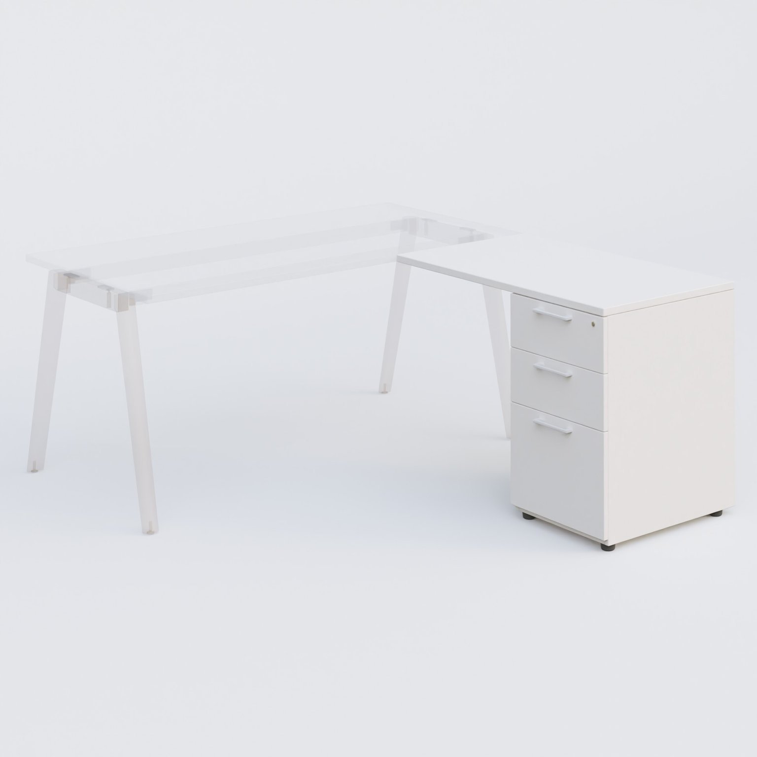 Extensions retour sur caisson 100*60 cm avec 3 tiroirs pour bureau K9. Plateau Blanc et caissonBlanc.