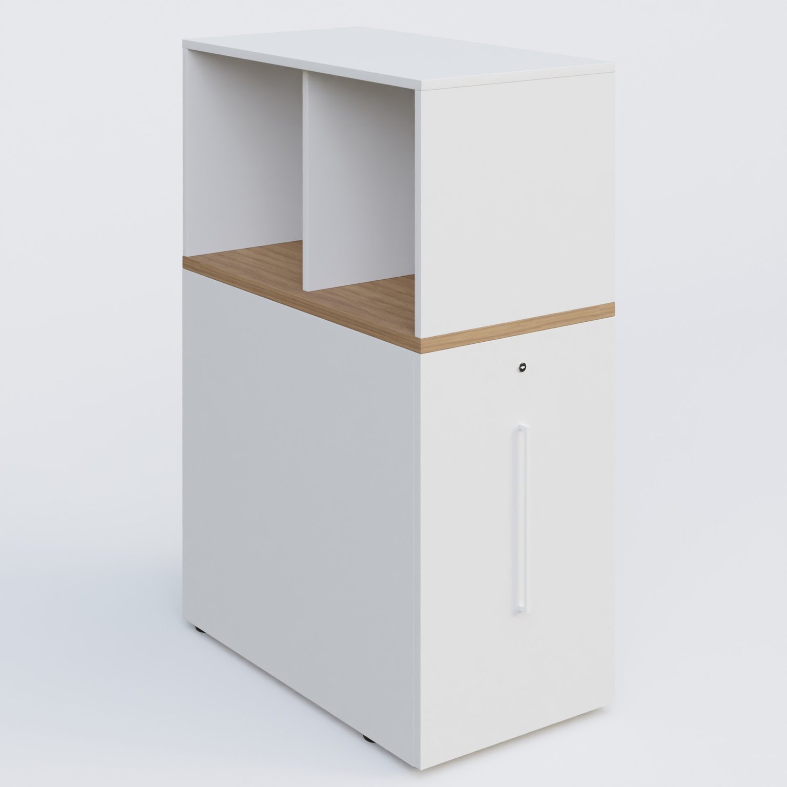Tour de rangement hauteur de bureau position à droite avec Niche. Caisson Noyer et top de finition Blanc.