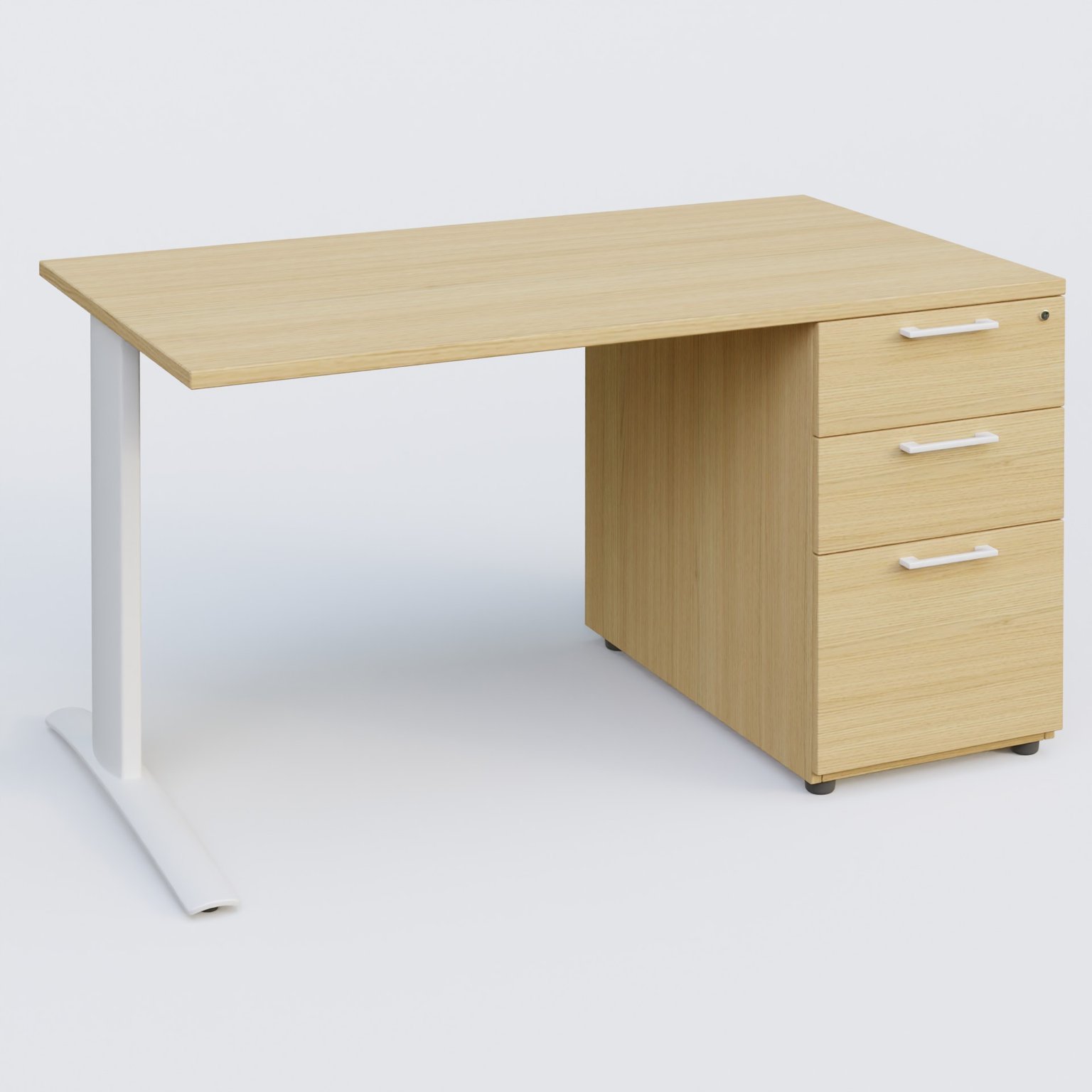 K1 Plateau droit 140x80 avec caisson porteur sous plateau mélamine à droite. Plateau Chêne clair et pietement Blanc
