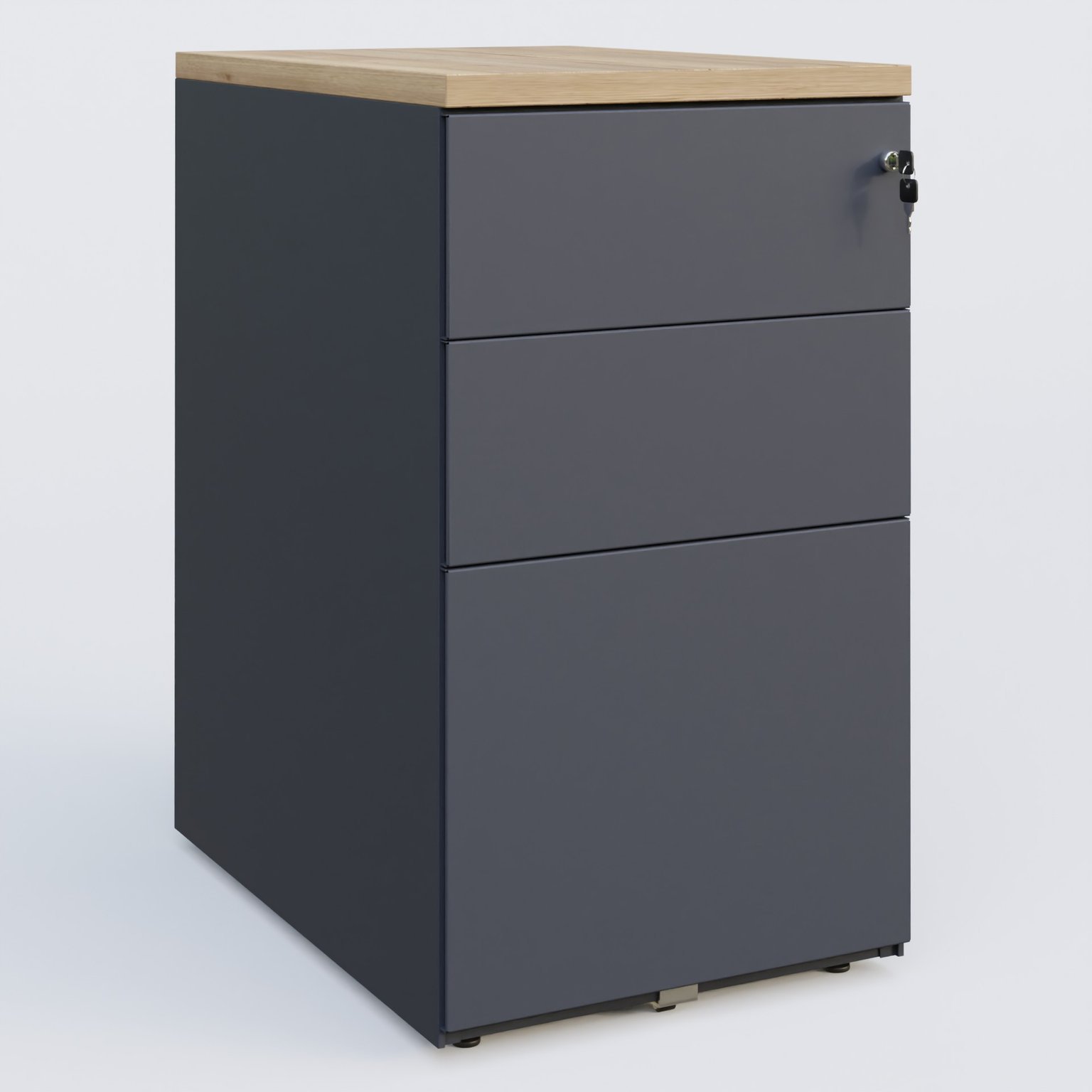 Caisson hauteur de bureau métalique 3 tiroirs avec top de finition, profondeur 60cm. Plateau Chêne naturel et caisson Anthracite.
