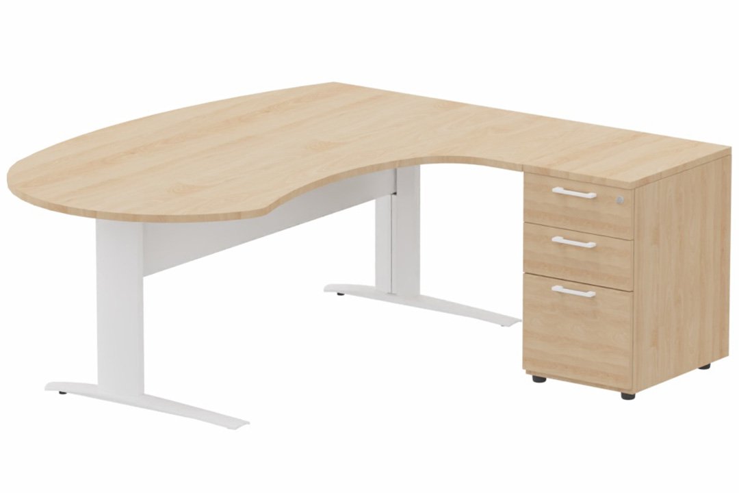 K1 VDF métal compact 90° manager 190x141x104x60cm sur caisson HB mélamine 3 tiroirs, plateau hêtre, structure blanc