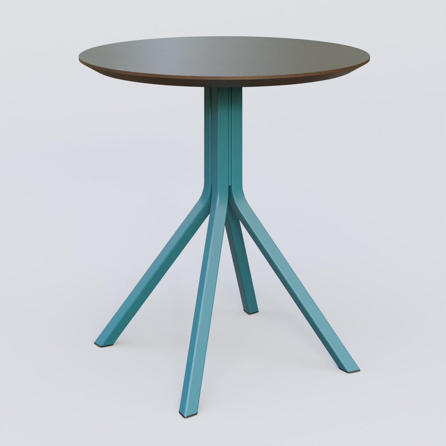 Table Basse Fashion Styl piètement 4 branches en métal et plateau bois. Plateau Chêne Moka et pietement Bleu Petrole (RAL 5025).