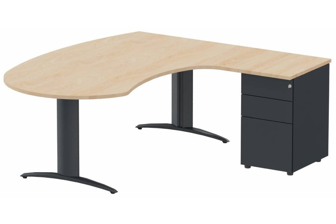 K2 compact 90° manager 190x141x104x60cm sur caisson HB métal 3 tiroirs, plateau hêtre, structure anthracite