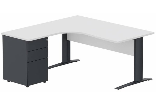 Gamme K1 - Plans compacts - K1 Voile de fond Bois- Plan compact 90° asymétrique 180x162x80/60cm avec caisson HB métal 3 tiroirs - retour à gauche -Finitions : PLATEAUX: BLANC (BL) / PIETEMENTS: ANTHRACITE (AN) / CAISSONS METALLIQUES: ANTHRACITE (AN)