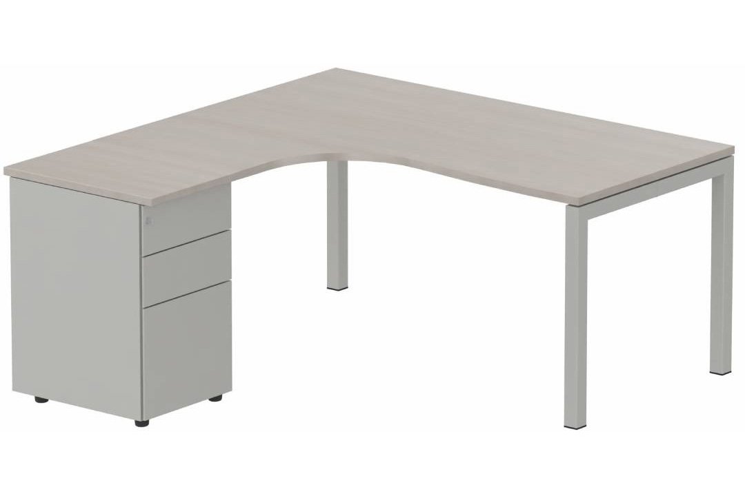 Plan Compact 90° asymétrique 160x162x80/60cm retour à gauche avec caisson HB métal 3 tiroirs, acacia/aluminium