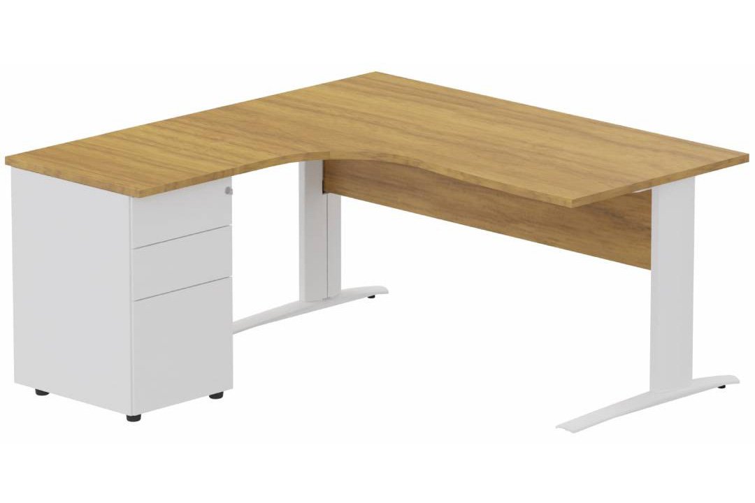 K1 VDF BOIS Compact 90° asymétrique 160x162x80/60cm retour à gauche avec caisson HB métal 3 tiroirs, plateau noyer, structure blanche