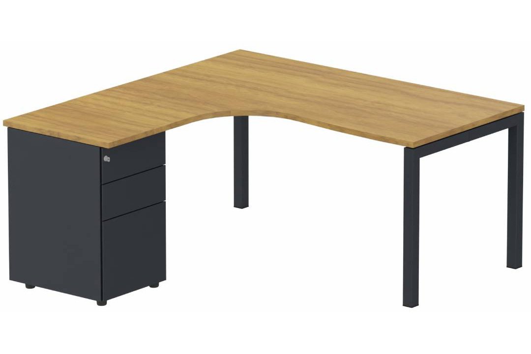 K3- Plan compact 90° asymétrique 160x162x80/60cm avec caisson HB métal 3 tiroirs - retour à gauche -Finitions : PLATEAUX: NOYER (NO) / PIETEMENTS: ANTHRACITE (AN) / CAISSONS METALLIQUES: ANTHRACITE (AN)