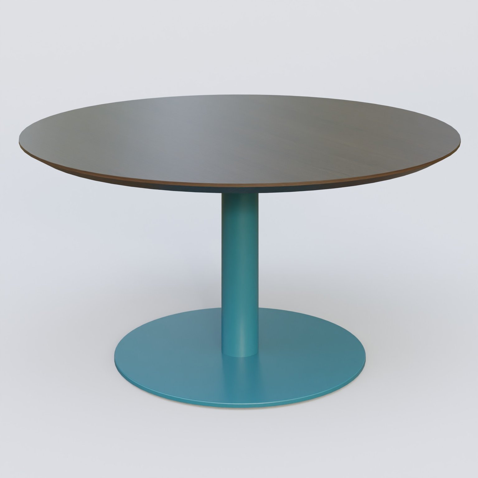 Table Basse Fashion Styl piètement colonne en métal et plateau bois. Plateau Chêne Moka et pietement Bleu Petrole (RAL 5025).