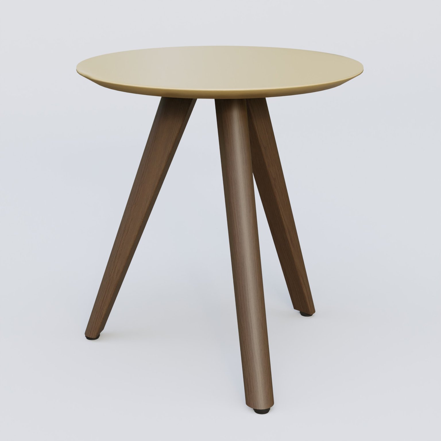 Table Basse Fashion Styl piètement 3 pieds en bois et plateau bois. Plateau Jaune Cuivre (RAL 1002) et pietement Chêne Moka.