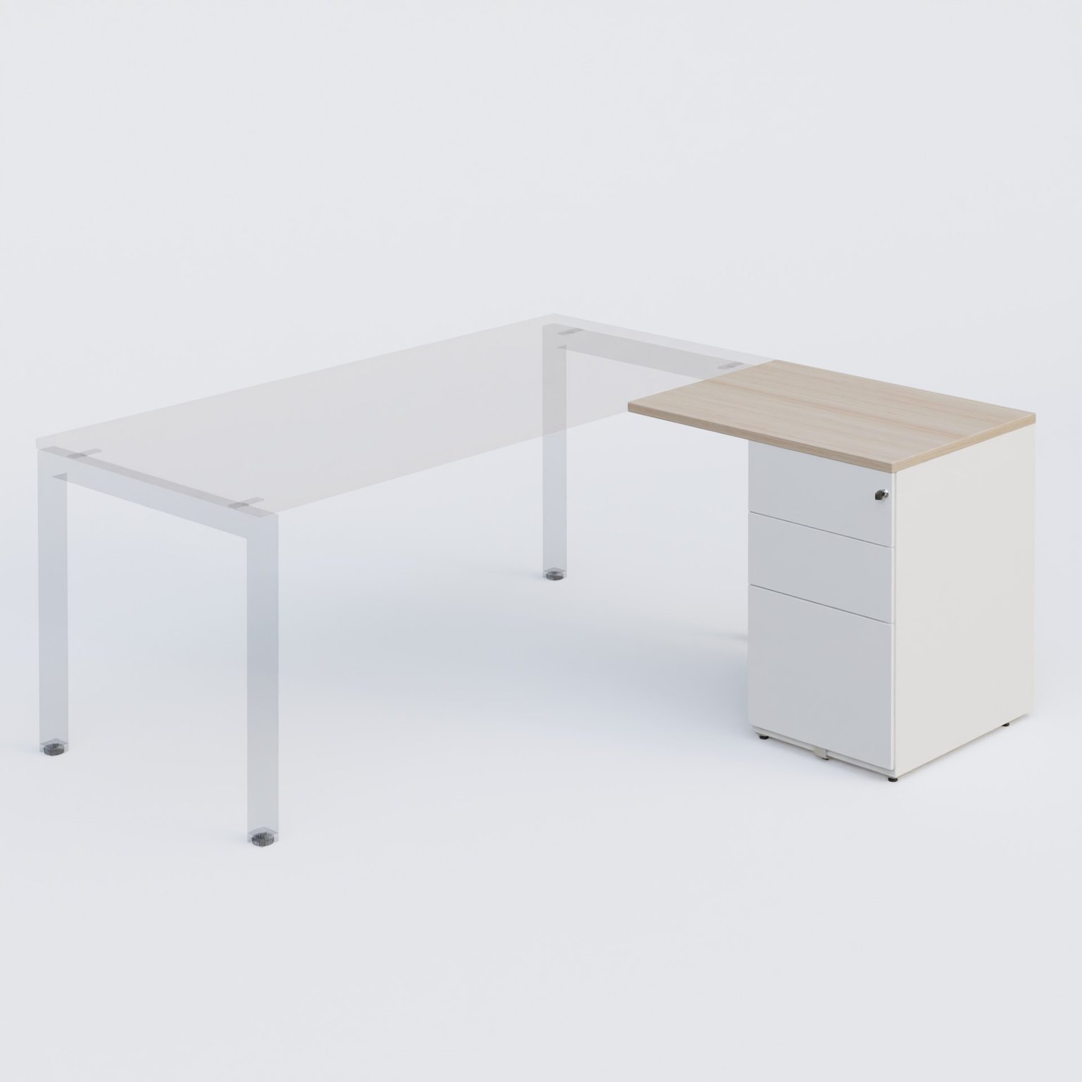 Retour direct 80x60cm sur caisson métal HB P.60cm 3 tiroirs, plateau acacia, structure blanc