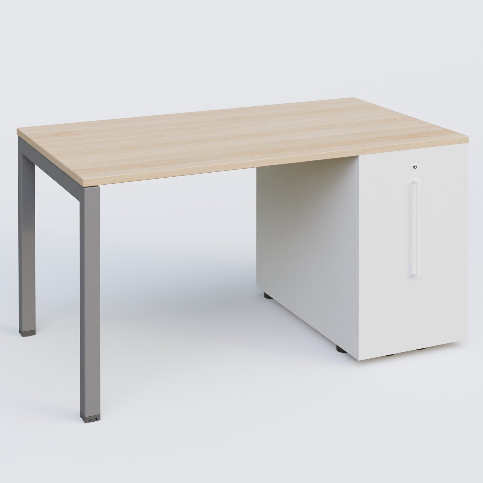 K3 Plateau droit 140x80 avec tour de rangement sous le plateau à droite. Plateau Hêtre et pietement Aluminium