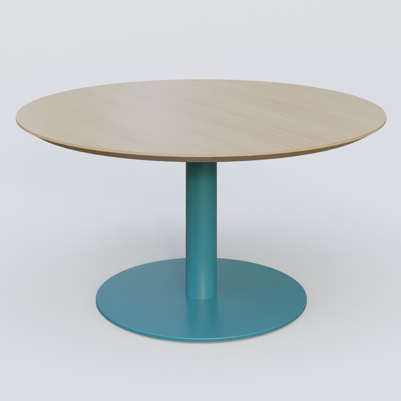 Table Basse Fashion Styl piètement colonne en métal et plateau bois. Plateau Chêne et pietement Bleu Petrole (RAL 5025).
