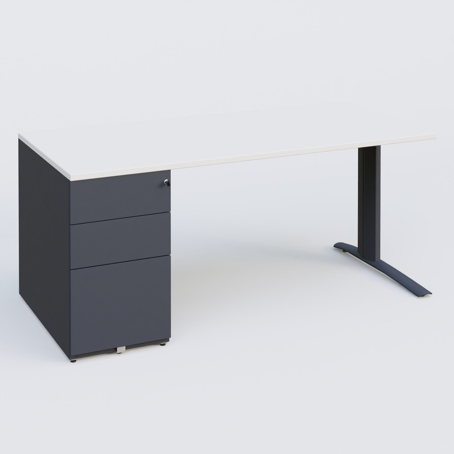 K1 Plateau droit 180x80 avec caisson métal porteur sous plateau à gauche. Plateau Blanc et pietement Anthracite