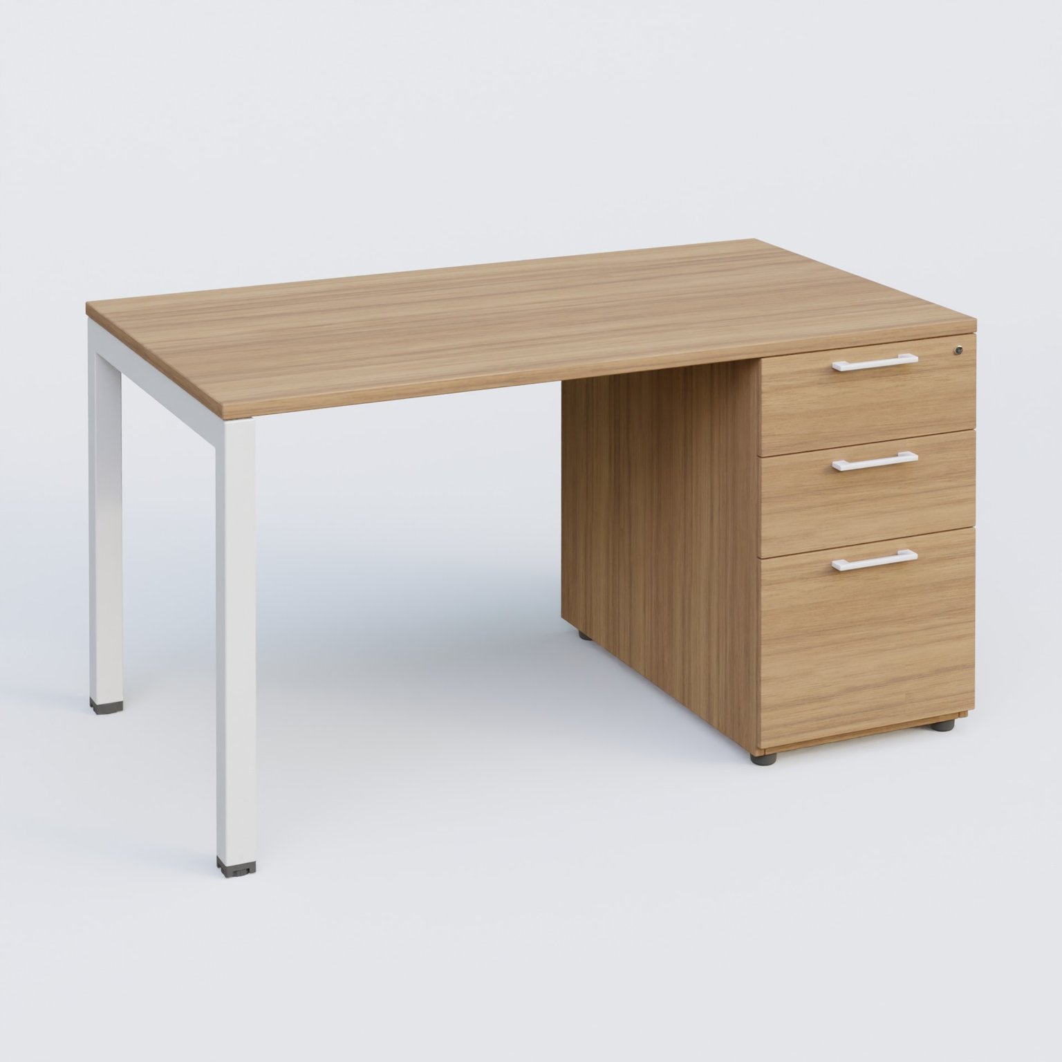 K3 Plateau droit 140x80 avec caisson porteur mélamine. Plateau ,caisson Noyer et pietement Blanc