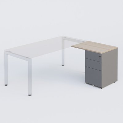 Gamme K3 - Extensions - Plans droits - Retour direct 80x60cm sur caisson métal HB P.60cm 3 tiroirs, plateau acacia, structure aluminium