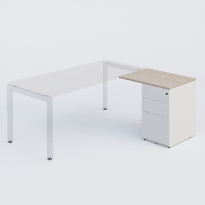 Gamme K3 - Extensions - Plans droits - Retour direct 80x60cm sur caisson métal HB P.60cm 3 tiroirs, plateau acacia, structure blanc