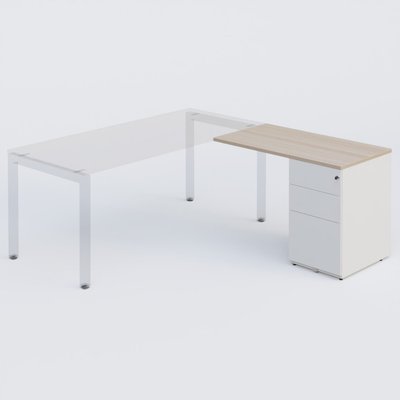 Gamme K3 - Extensions - Plans droits - Retour direct 100x60cm sur caisson métal HB P.60cm 3 tiroirs, plateau acacia, structure blanc