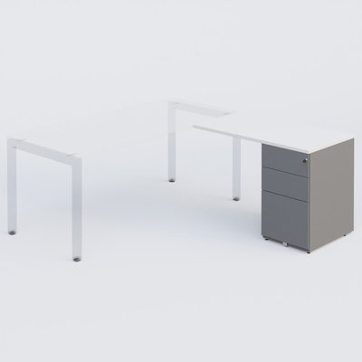 Gamme K3 - Extensions - Plans droits - Retour direct 100x60cm sur caisson métal HB P.60cm 3 tiroirs, plateau blanc, structure aluminium
