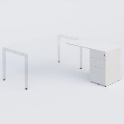 Gamme K3 - Extensions - Plans droits - Retour direct 100x60cm sur caisson métal HB P.60cm 3 tiroirs, plateau blanc, structure blanc
