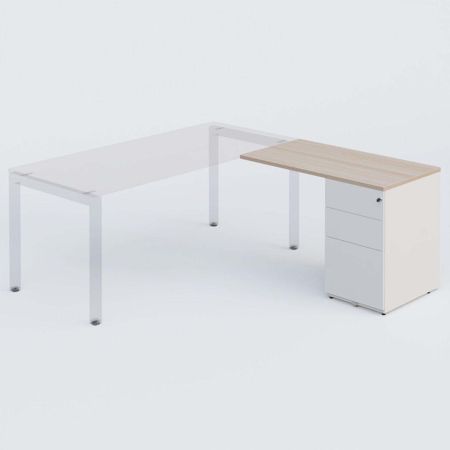 Retour direct 120x60cm sur caisson métal HB P.60cm 3 tiroirs, plateau acacia, structure blanc