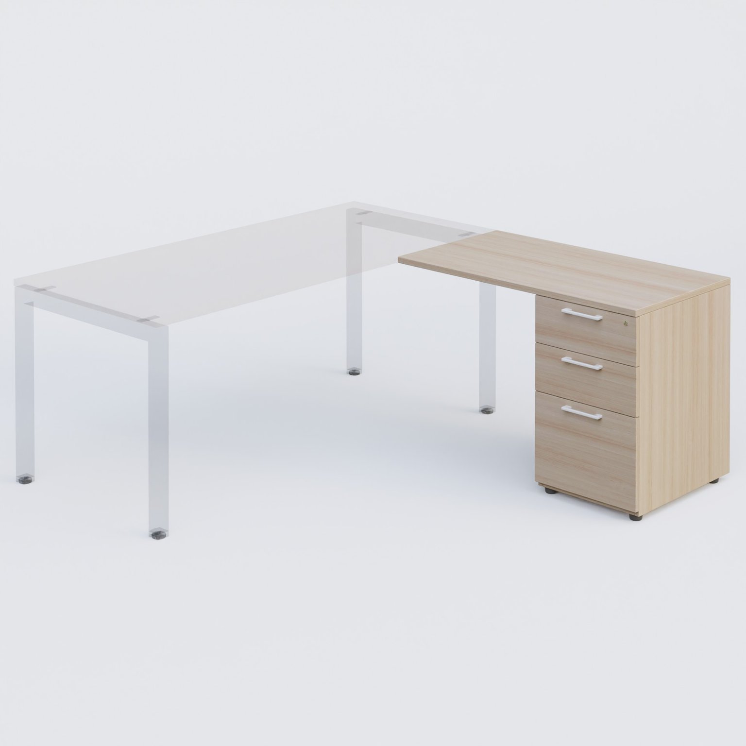 Retour direct 120x60cm sur caisson mélamine HB P.60cm 3 tiroirs, plateau acacia, structure blanc