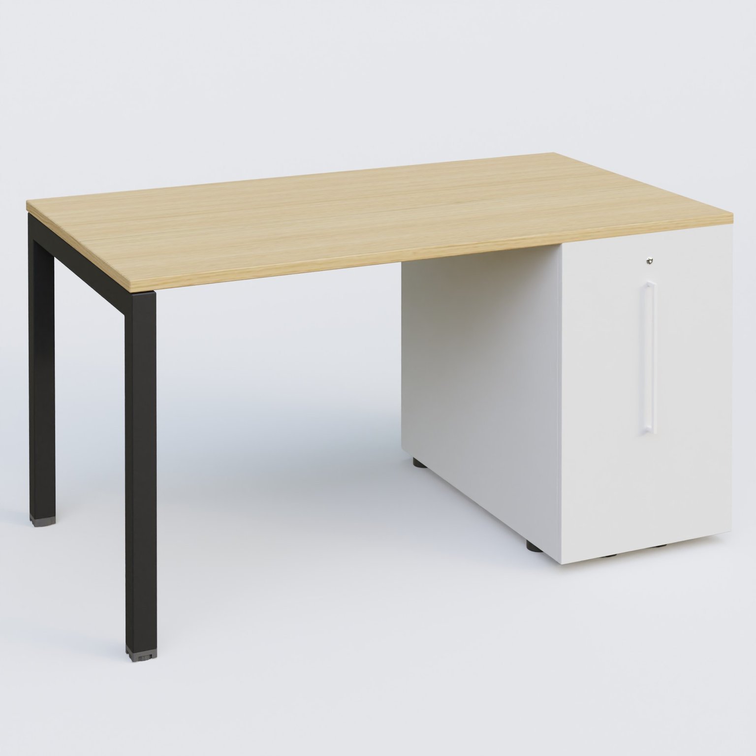 K3 Plateau droit 140x80 avec tour de rangement sous le plateau à droite. Plateau Chêne clair et pietement Noir Mat