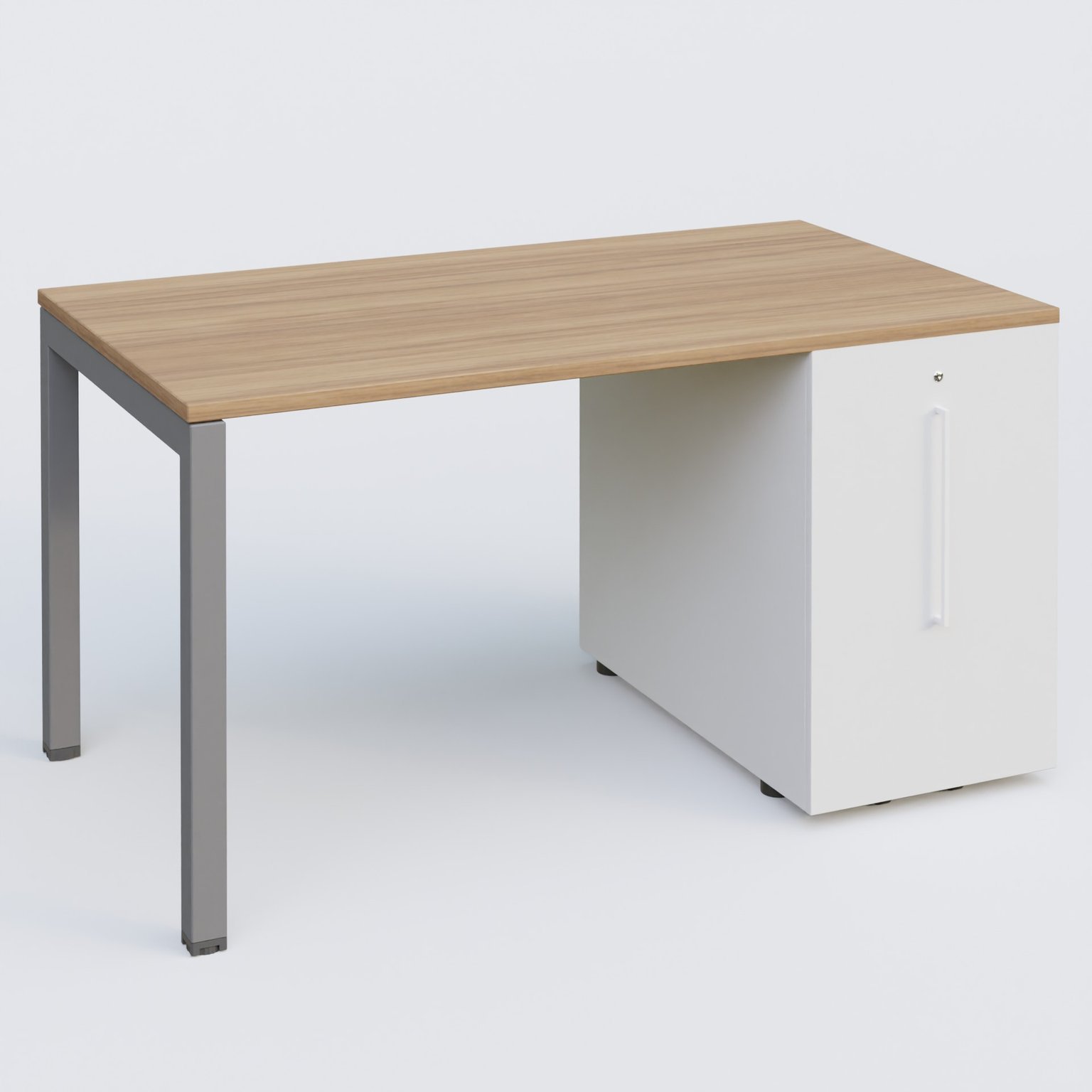 K3 Plateau droit 140x80 avec tour de rangement sous le plateau à droite. Plateau Noyer et pietement Aluminium