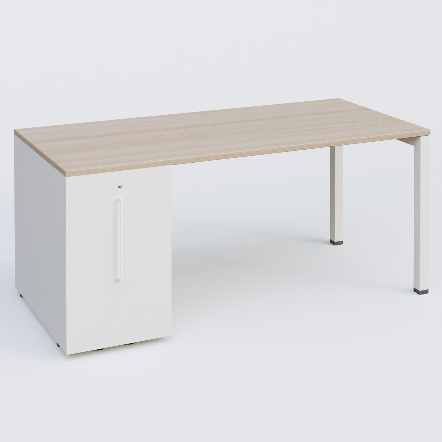 K3 Plateau droit 180x80 avec tour de rangement sous le plateau à gauche. Plateau Acacia et pietement Blanc