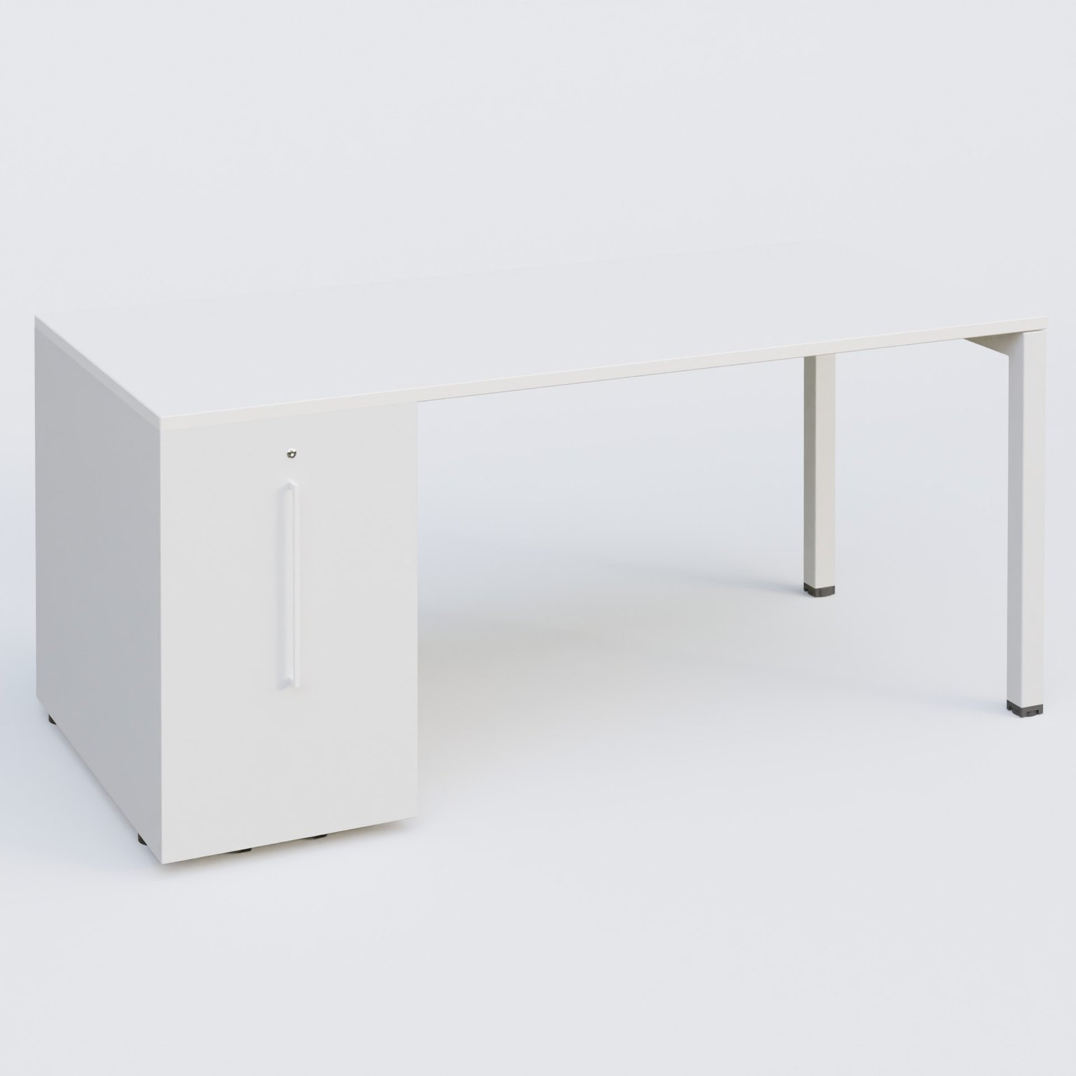 K3 Plateau droit 180x80 avec tour de rangement sous le plateau à gauche. Plateau Blanc et pietement Blanc