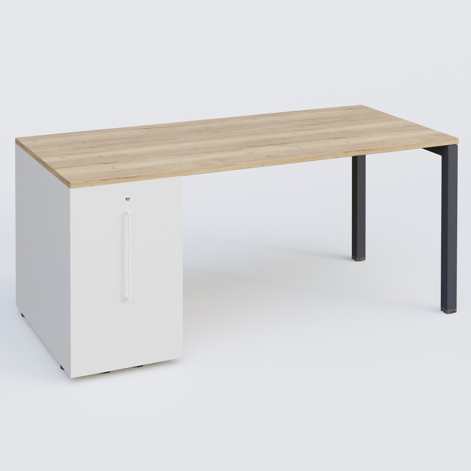 K3 Plateau droit 180x80 avec tour de rangement sous le plateau à gauche. Plateau Chêne naturel et pietement Anthracite