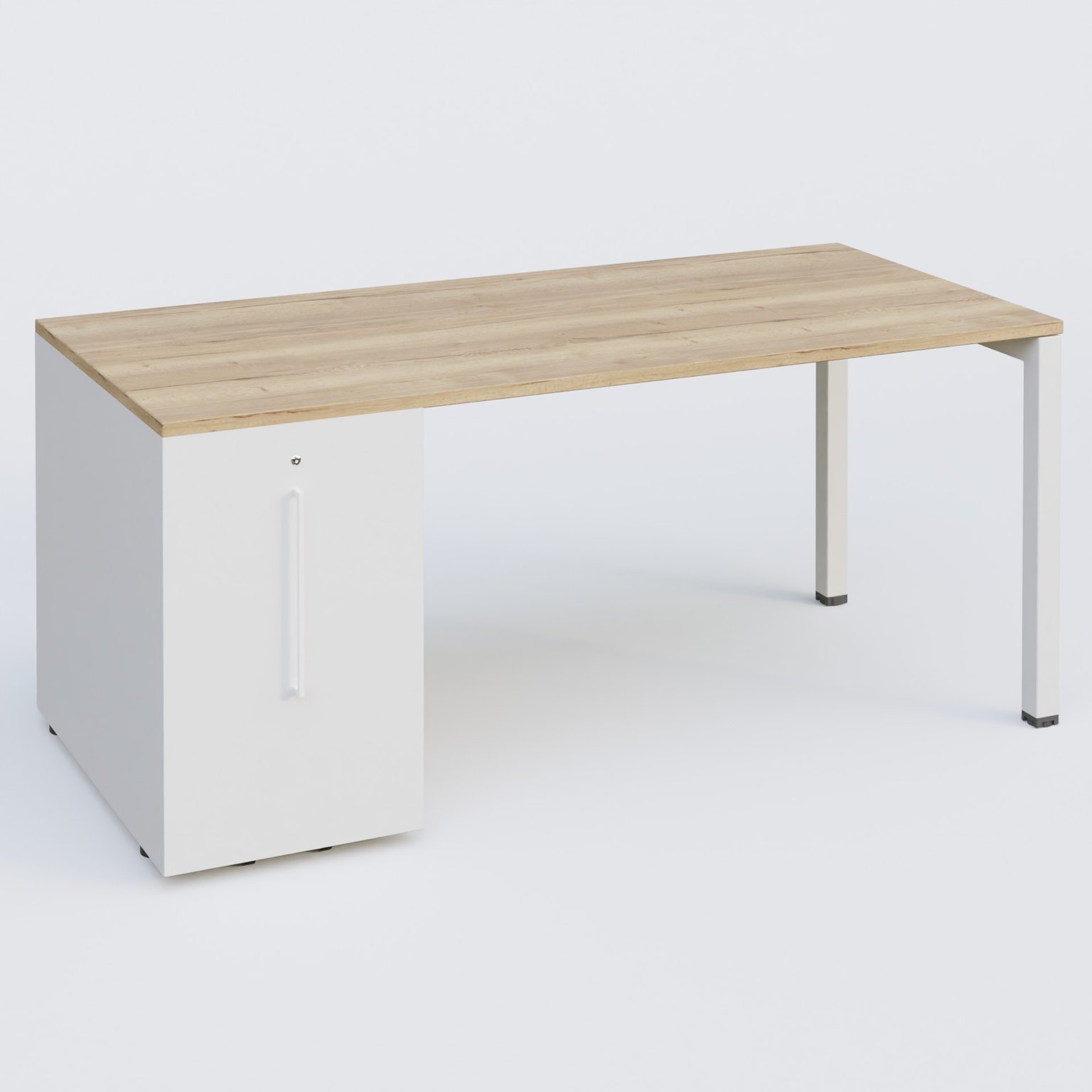 K3 Plateau droit 180x80 avec tour de rangement sous le plateau à gauche. Plateau Chêne naturel et pietement Blanc