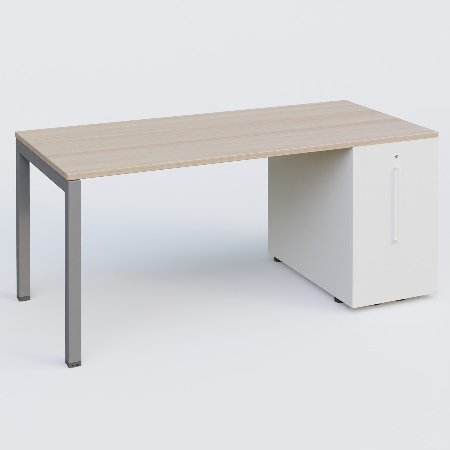 K3 Plateau droit 180x80 avec tour de rangement sous le plateau à droite. Plateau Acacia et pietement Aluminium