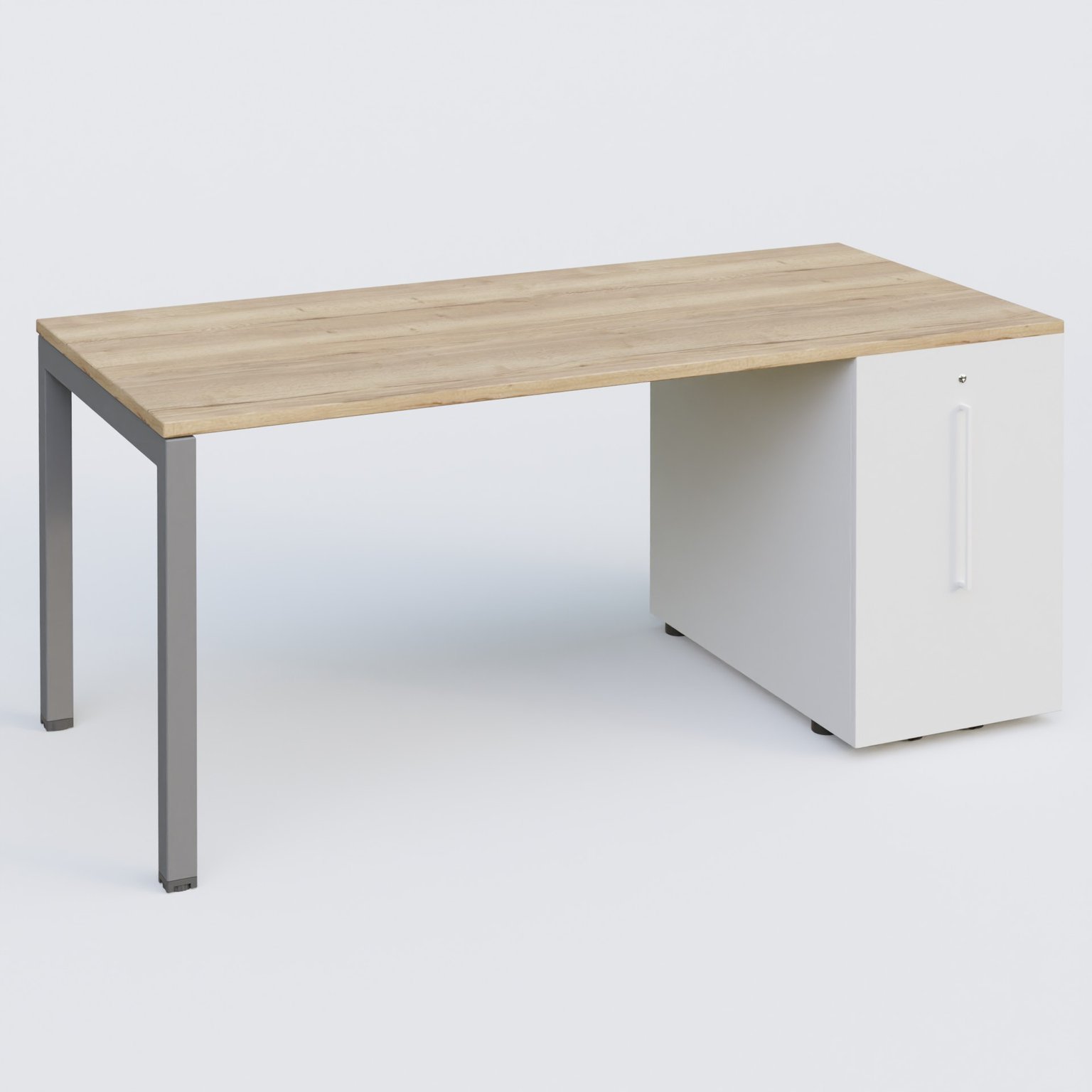 K3 Plateau droit 180x80 avec tour de rangement sous le plateau à droite. Plateau Chêne naturel et pietement Aluminium