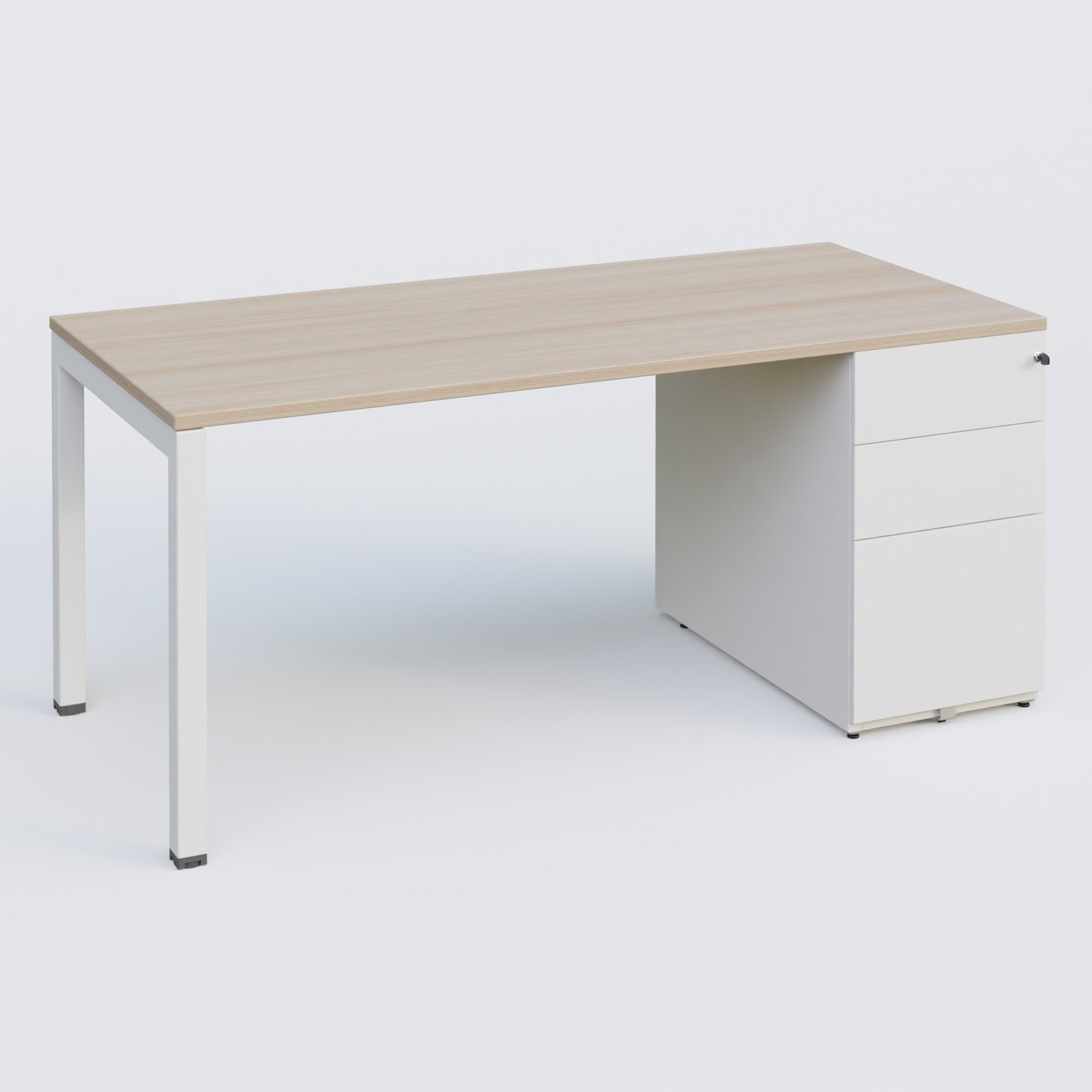 K3 Plateau droit 180x80 avec caisson métalique sous le plateau. Plateau Acacia et pietement Blanc