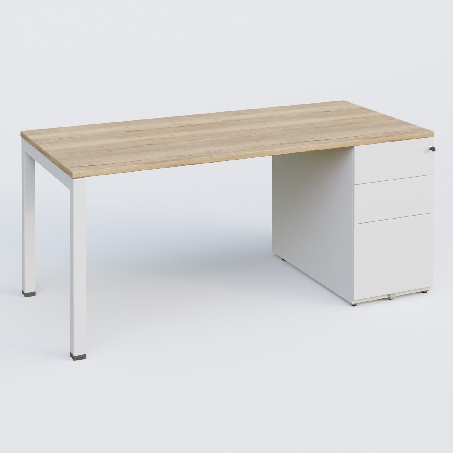 K3 Plateau droit 180x80 avec caisson métalique sous le plateau. Plateau Chêne naturel et pietement Blanc
