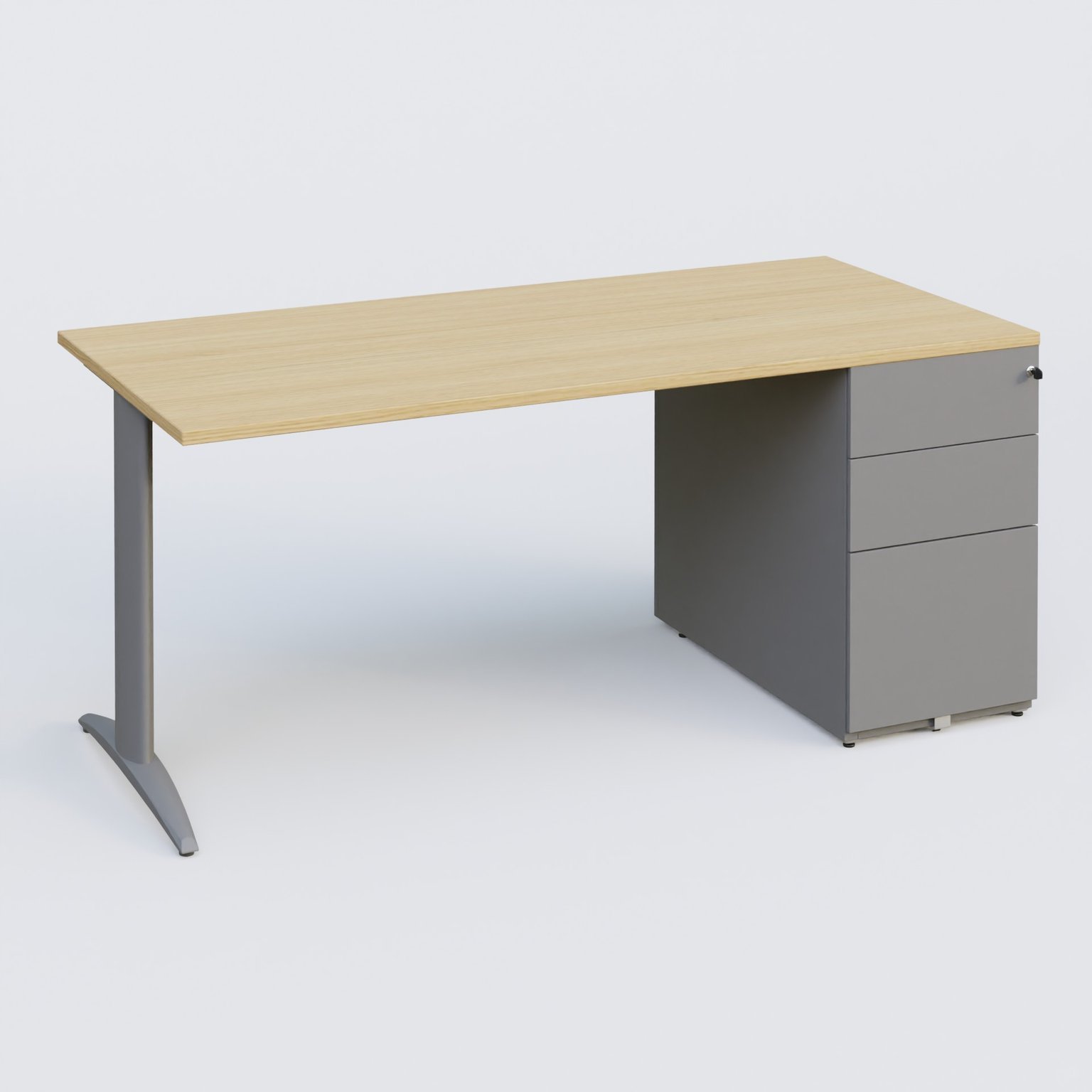 K2 Plateau droit 180x80 avec caisson métalique sous le plateau. Plateau Chêne clair et pietement Aluminium
