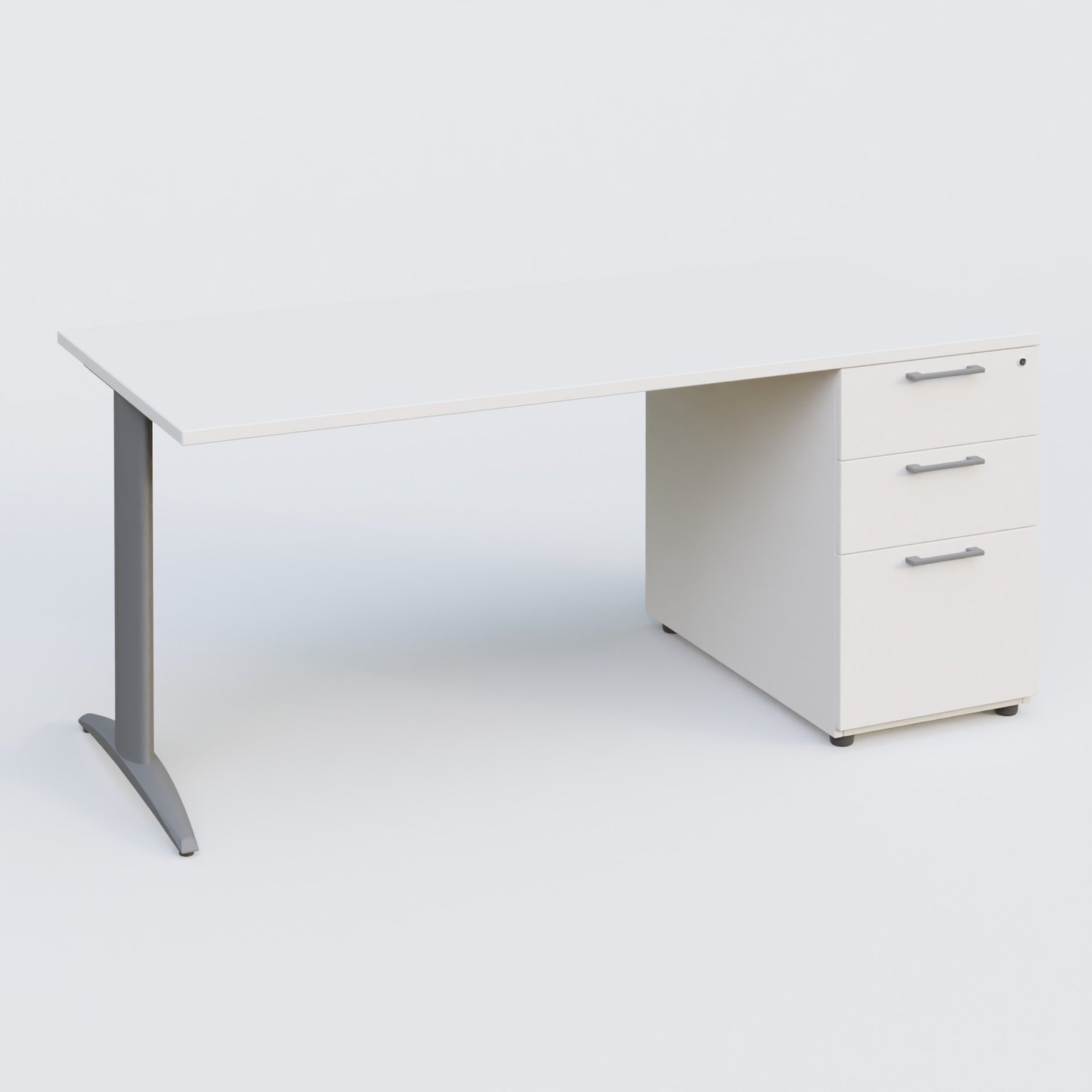 K2 Plateau droit 180x80 avec caisson porteur mélamine sous le plateau. Plateau , caisson Blanc et pietement Aluminium