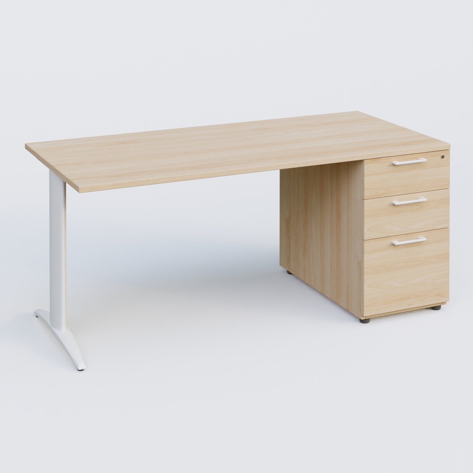 K2 Plateau droit 180x80 avec caisson porteur mélamine sous le plateau. Plateau , caisson Hêtre et pietement Blanc