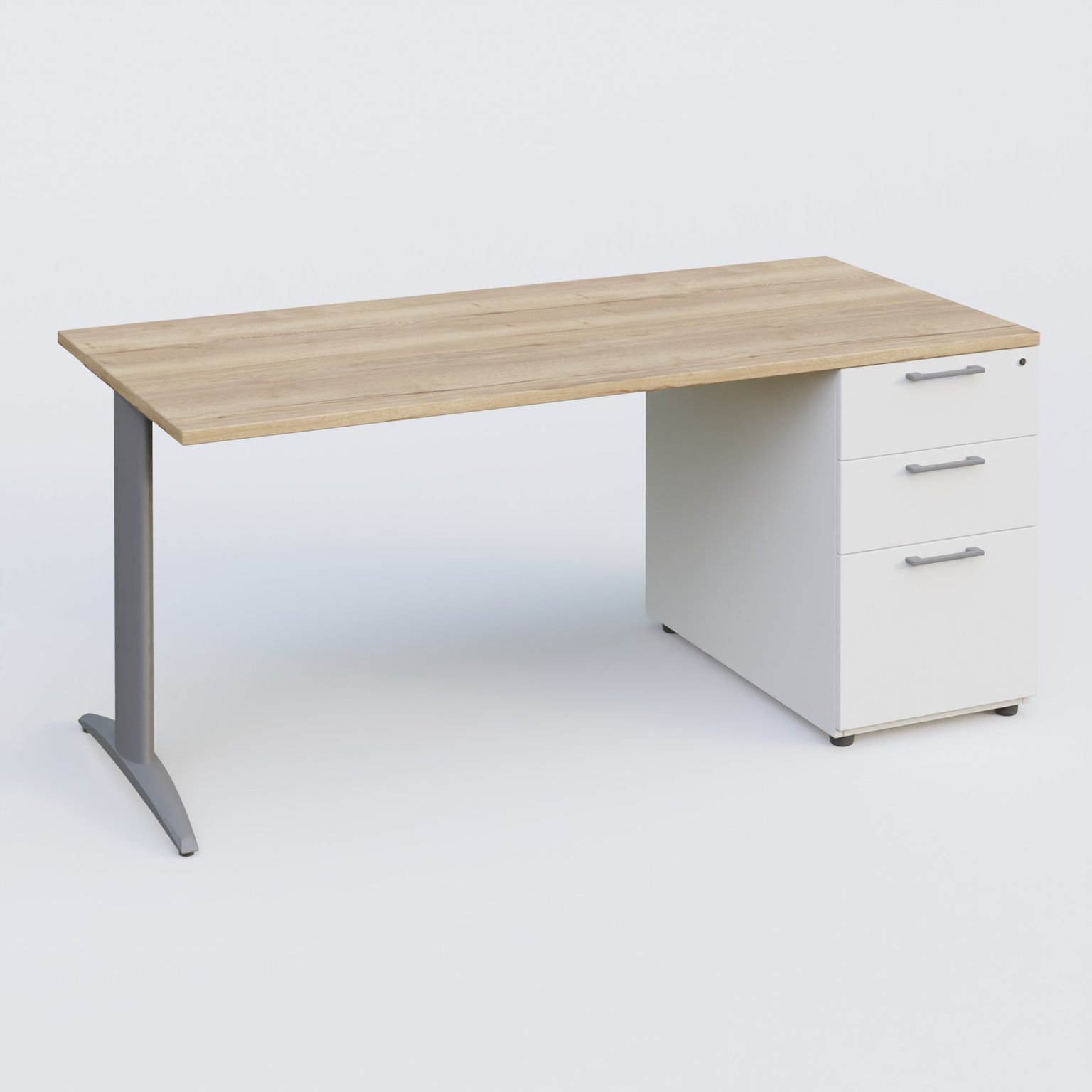 K2 Plateau droit 180x80 avec caisson porteur mélamine sous le plateau. Plateau , caisson Chêne naturel et pietement Aluminium