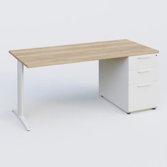 [Pas de famille] - [Pas de sous famille] - K2 Plateau droit 180x80 avec caisson porteur mélamine sous le plateau. Plateau , caisson Chêne naturel et pietement Blanc