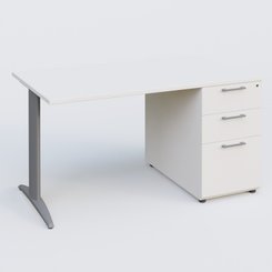 [Pas de famille] - [Pas de sous famille] - K2 Plateau droit 140x80 avec caisson porteur mélamine sous le plateau. Plateau , caisson Blanc et pietement Aluminium