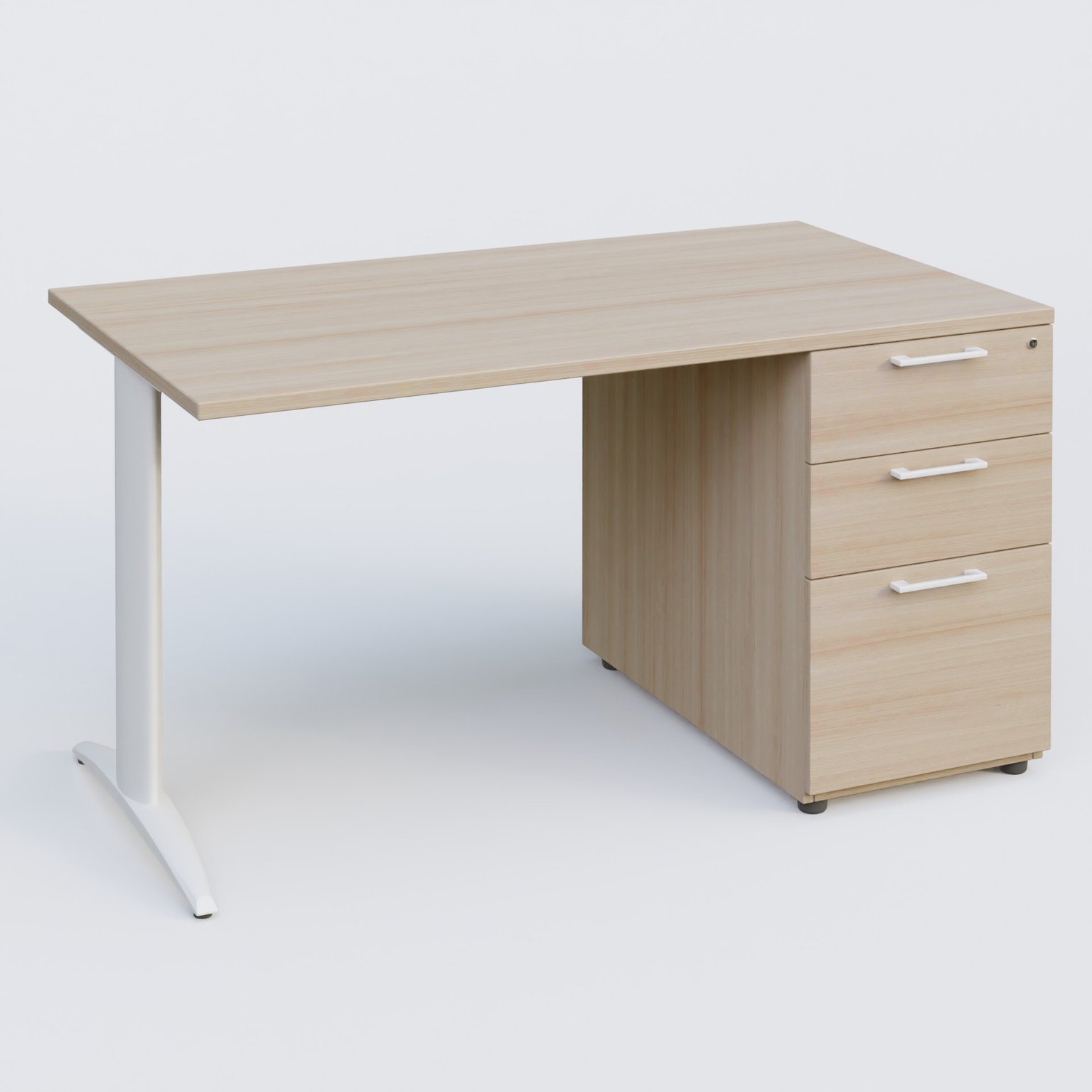 K2 Plateau droit 140x80 avec caisson porteur mélamine sous le plateau. Plateau , caisson Acacia et pietement Blanc